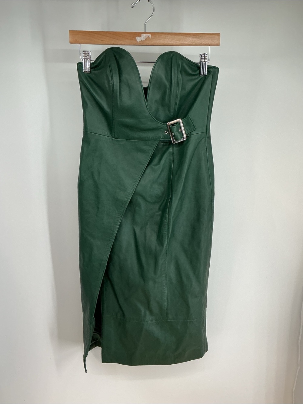 Hours Strapless Green Leather Belted Midi Dress Size S